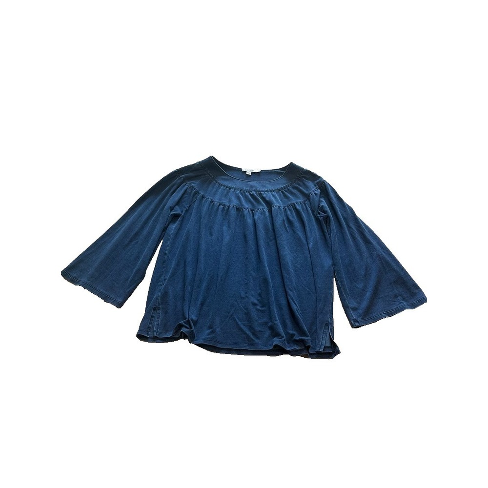 Chico's Round Gathered Neckline Denim-like Blouse Stretch 3/4 Sleeve sz 1 (M)